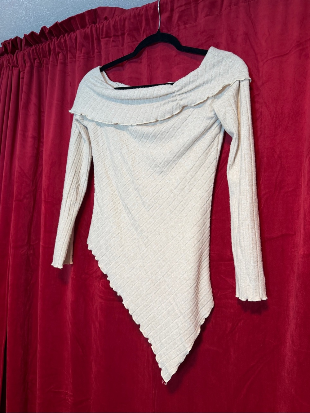 Cream Off-Shoulder Ribbed Asymmetric Women's Sweater